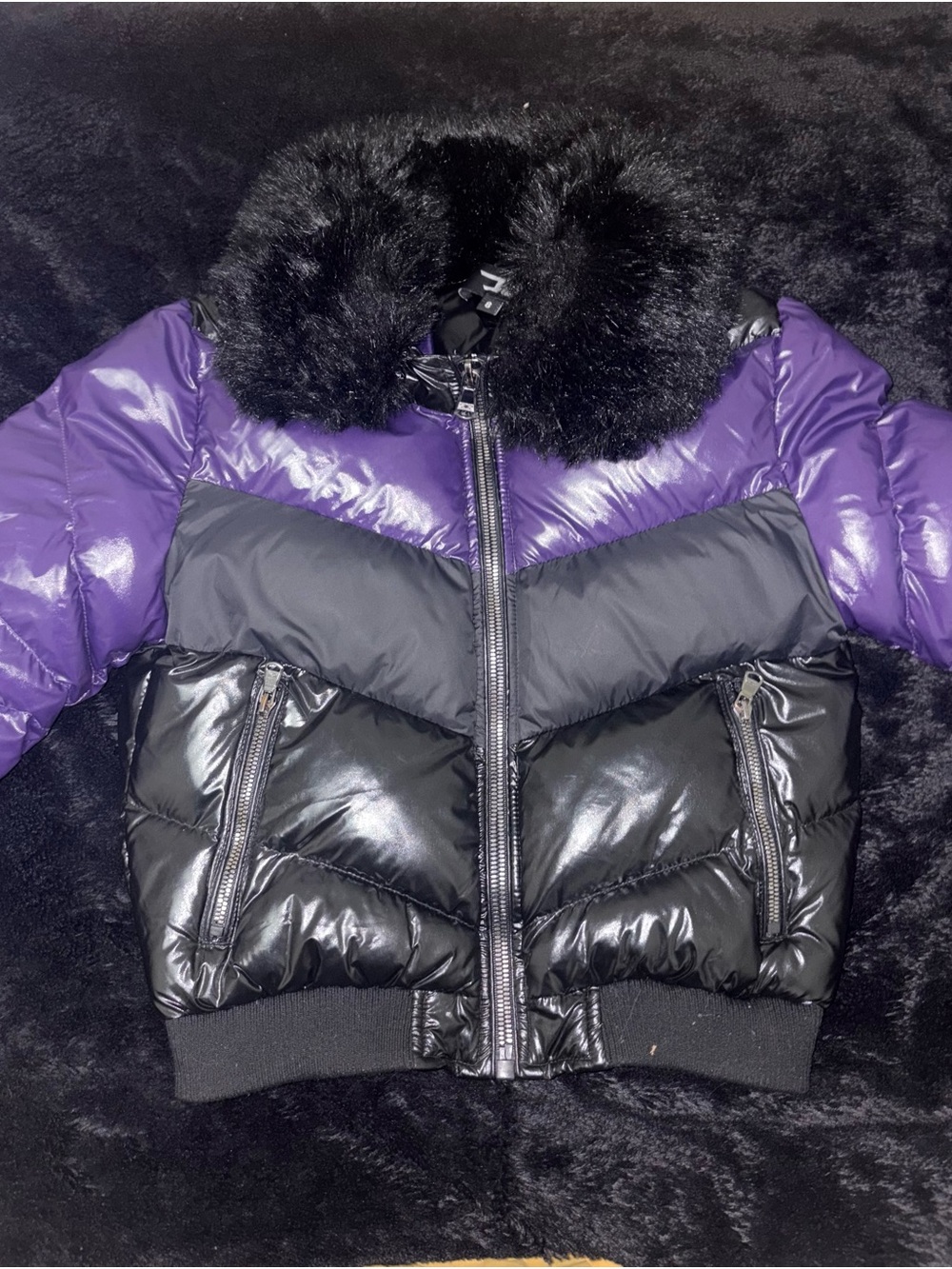 Purple & Black Kids Puffer Jacket with Faux Fur Collar